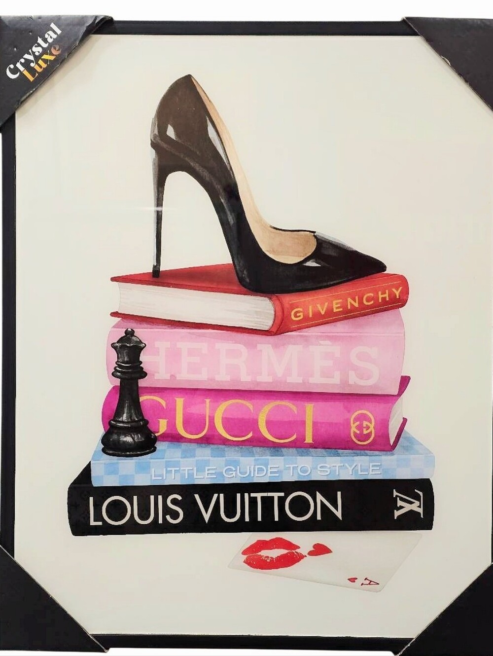 Crystal Luxe Lucky w/Fashion Bookstack Glossy Framed Wall Decor